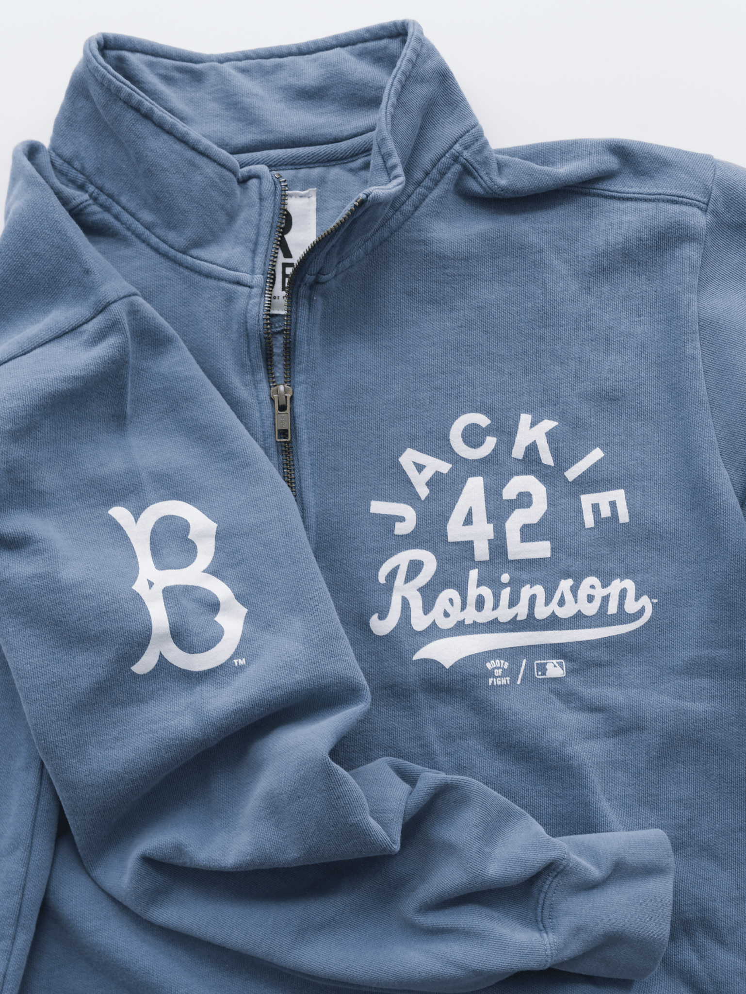 BKN Dodgers Jackie Robinson Denim QZ Sweatshirt - Roots of Fight
