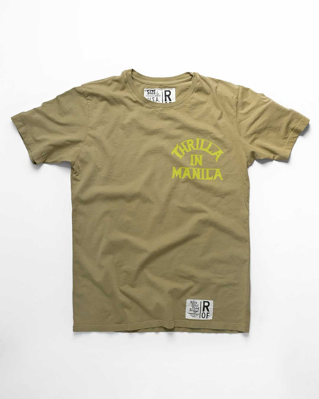 Thrilla In Manila Vintage Olive Tee - Roots of Fight
