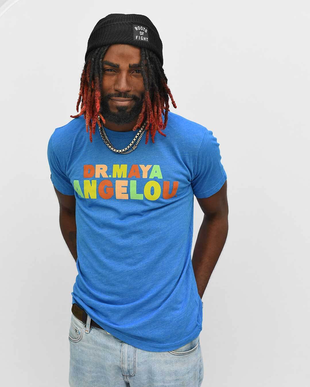 Triblend blue tee with &quot;DR. MAYA ANGELOU&quot; written in multicolour on the front.